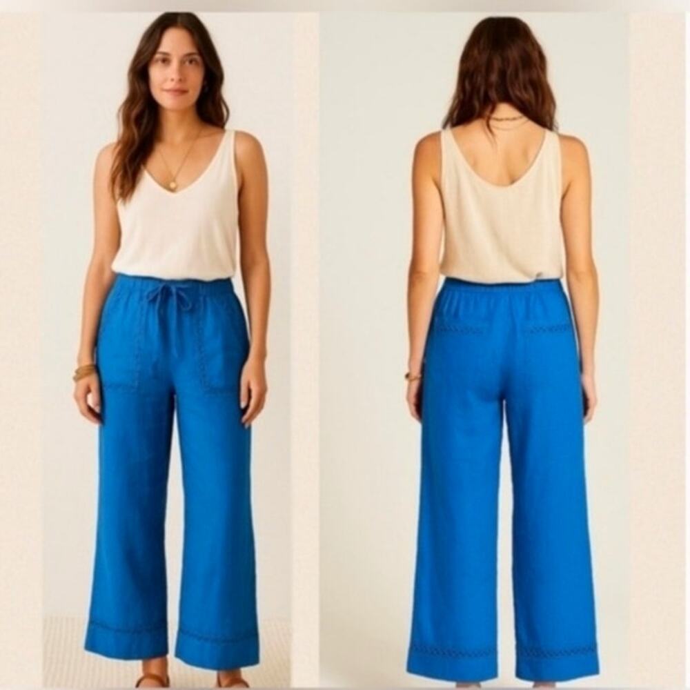 Joie Linen Wide Leg Pull On Cropped Pants Elastic Tie Waist Royal Blue XL - Picture 11 of 12